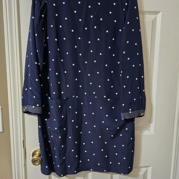 J. Crew 100% Silk Shift Dress/Tunic, Navy Blue w/ Polka Dots, Bateau Neck, EUC! - Picture 5 of 11